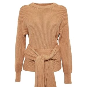 Elegant Tan Knit Sweater with Tie Detail